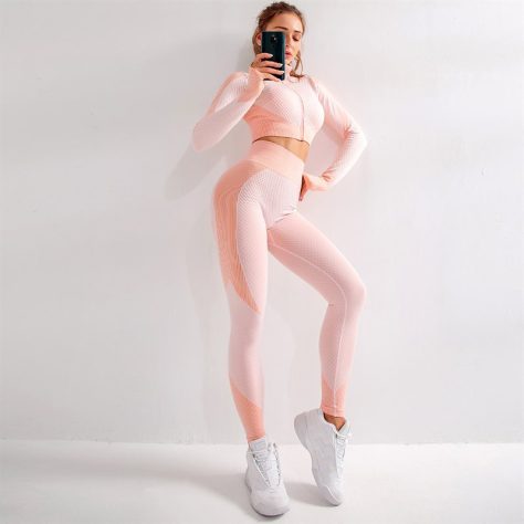 Seamless Pink Tight And Crop Top Yoga Set With Thumb Hole